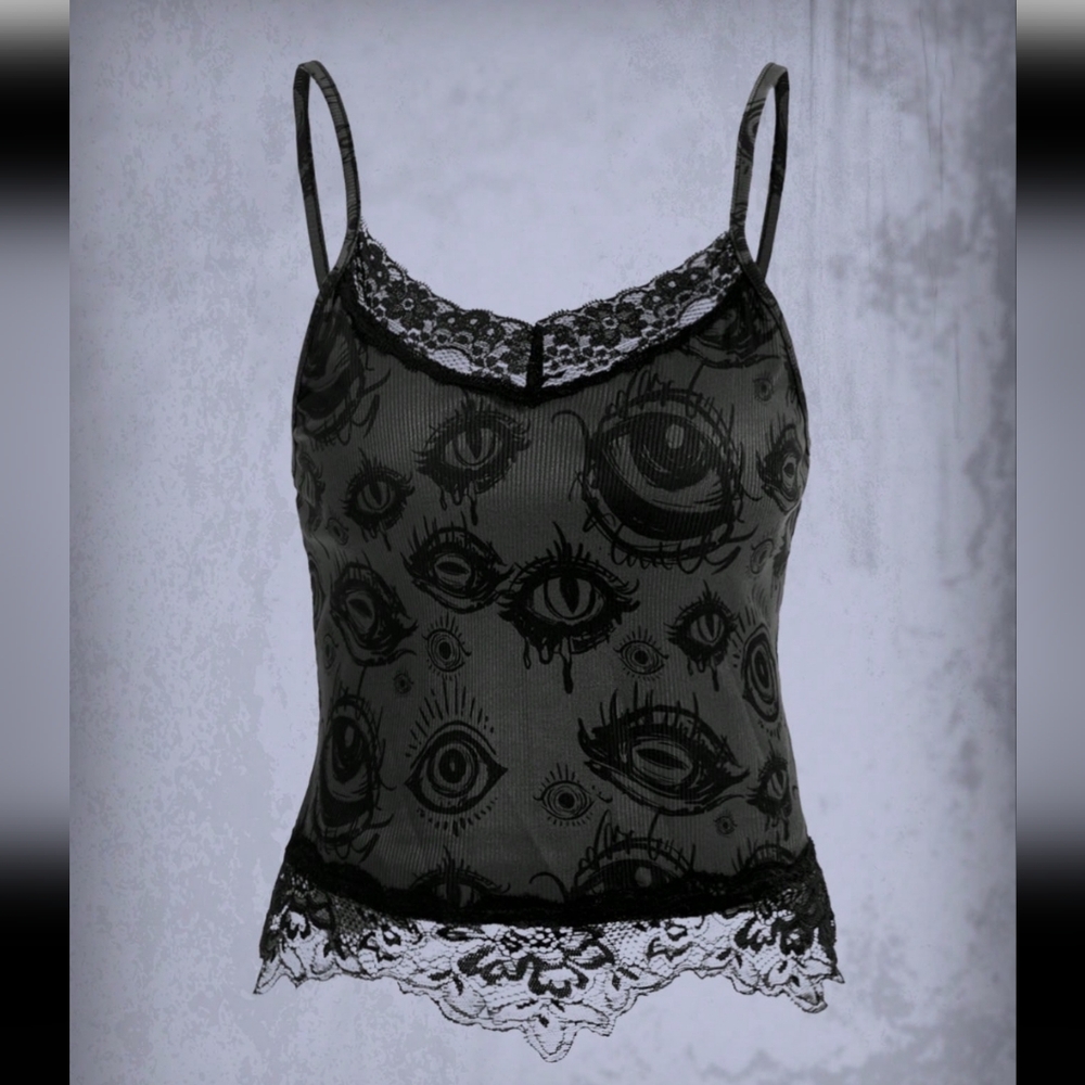 Goth Eyes Print Contrast Lace Cami Top
